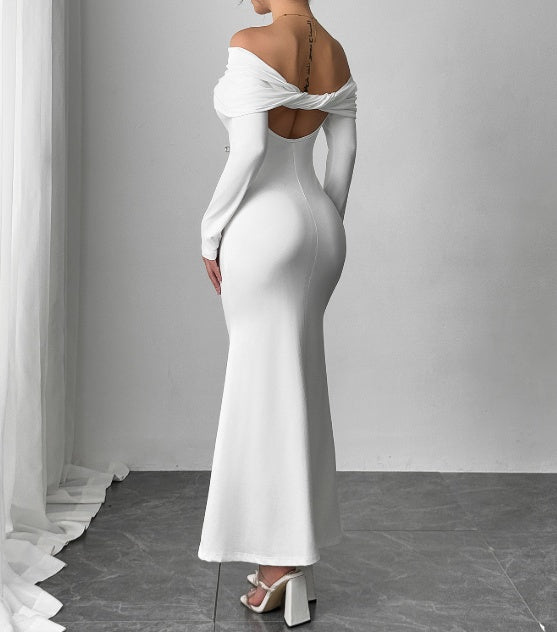 White Off-the-Shoulder Backless Long Sleeve Skinny Fishtail Mermaid Maxi Formal Party Dress