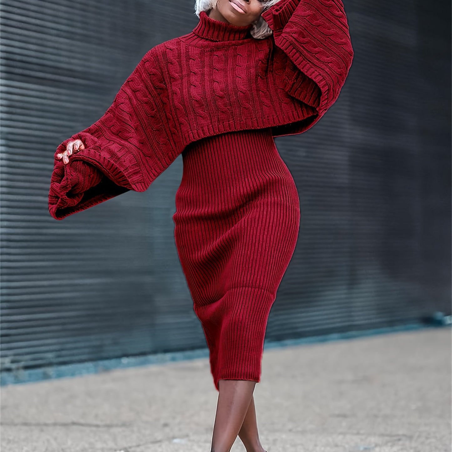 Turtleneck Knitted Weave Pattern Baggy Cape Sleeve Long Sleeve Sweater + Ribbed Tank Sweater Dress 2-Piece Set