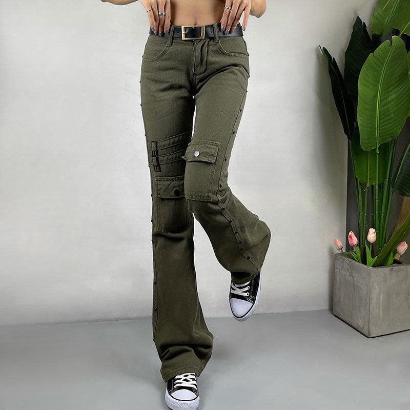Olive Green Women's Buckle Strap Button Multi-Pocketed Design Skinny Straight Cargo Jeans
