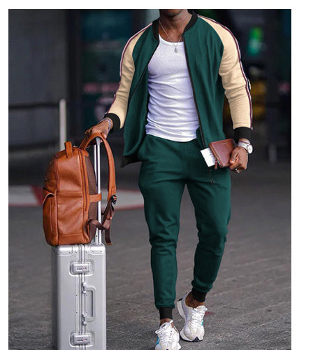Men's Colorblock O-Neck Zipper Bomber Jacket + Skinny Jogger Sweatpants Tracksuit