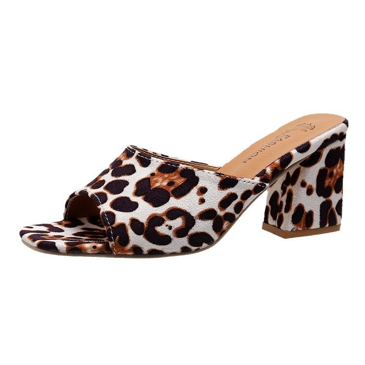 Leopard Print Open Toe Square Chunky Heel Women's Sandals