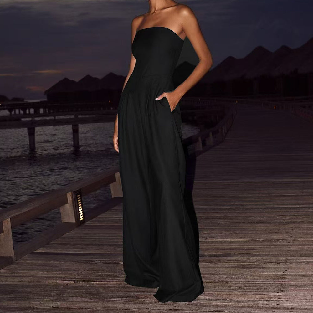 Sleeveless Strapless Ruched Elastic Tube Top Design Backless Wide Leg Women's Solid Color Jumpsuit