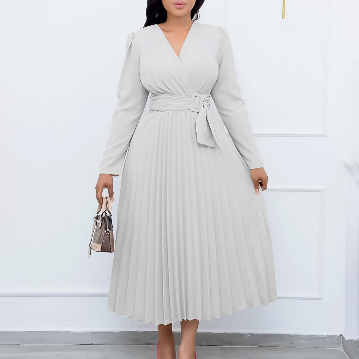 Pleated V-Neck Long Sleeve Lace-Up Solid Color Sash Belted Maxi Dress to 3X Plus Size