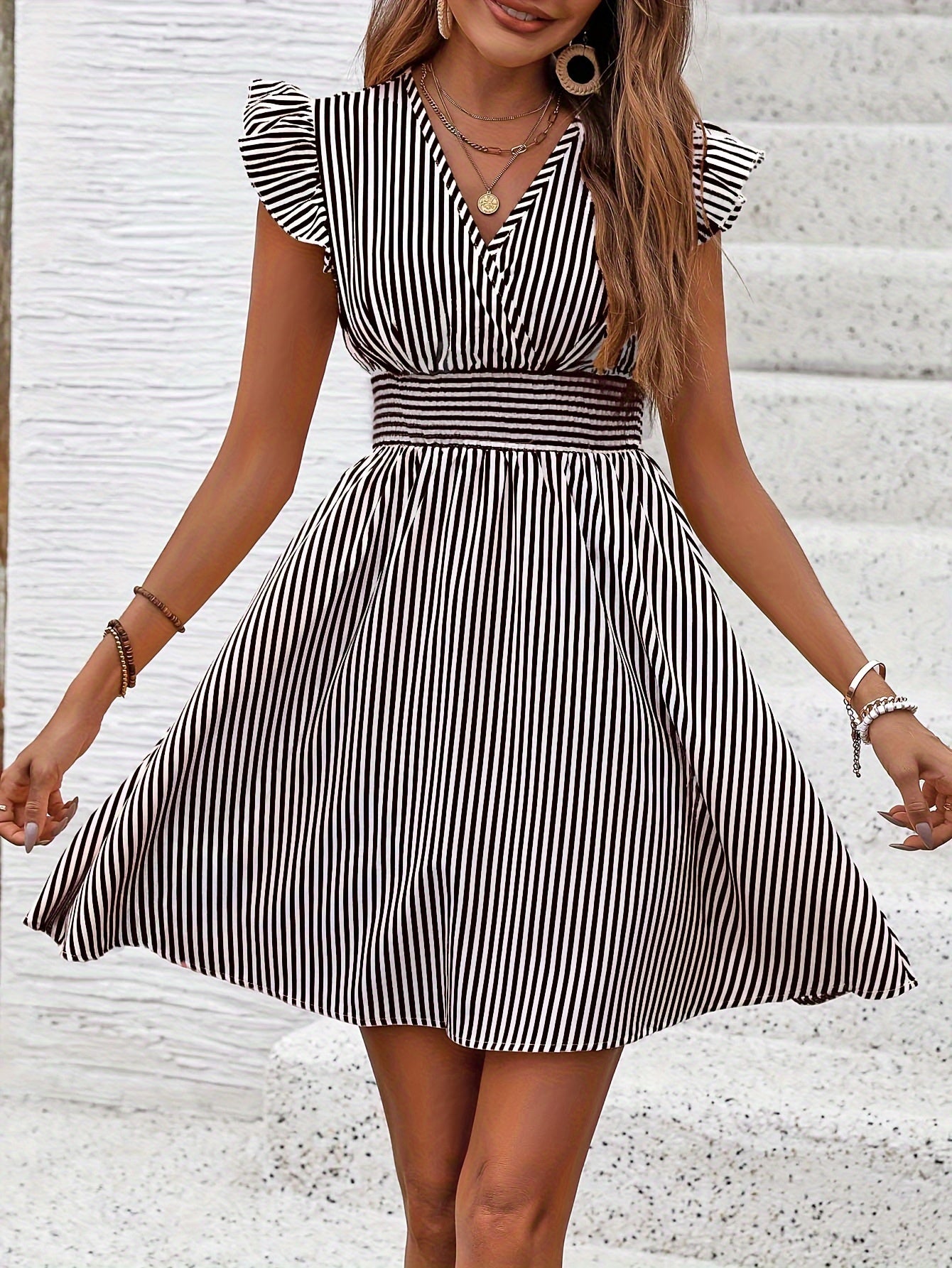Striped Sleeveless V-Neck Elastic Waist Flared Midi Dress