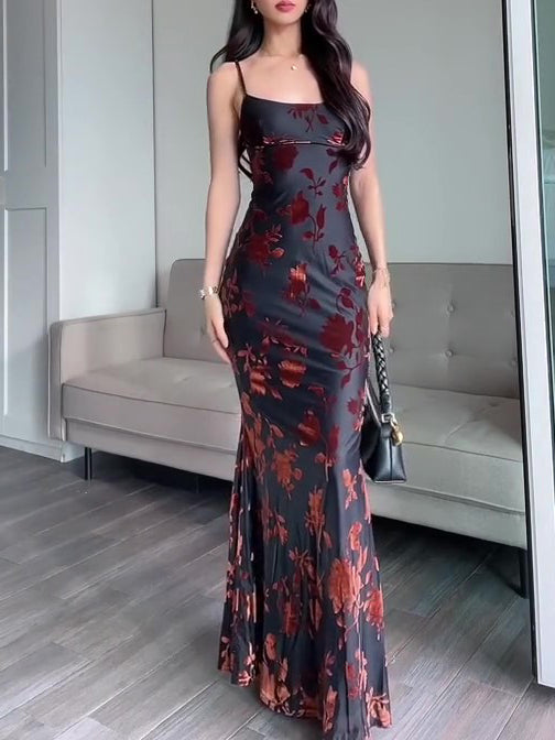 Flower Embroidered Flocked Spaghetti Strap Formal Maxi Party Dress