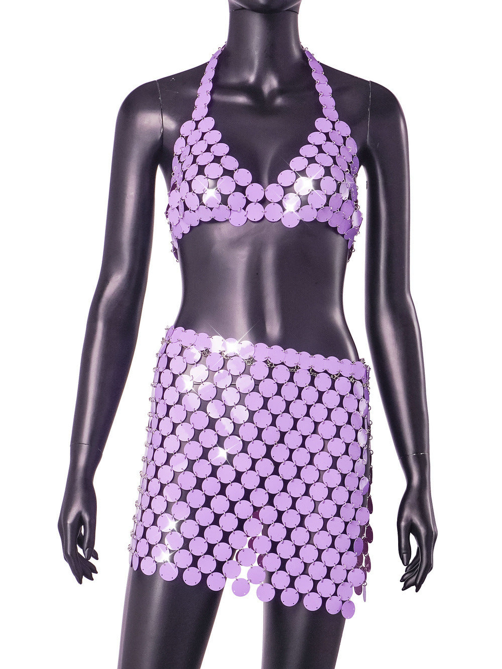 Purple Sequin Halter Spaghetti Strap Crop Tank Top + Mini Skirt 2-Piece Set