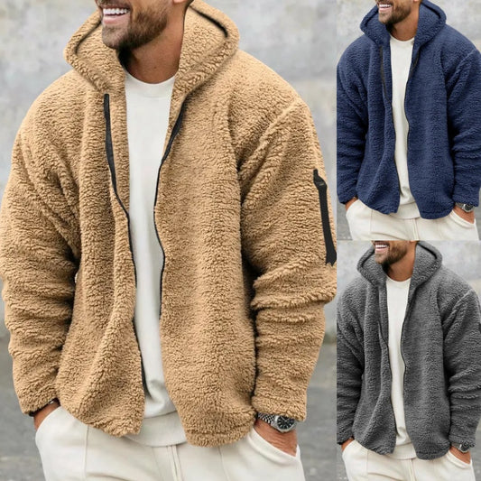 Men's Zipper Sleeve Design Plush Fleece Solid Color Reversible Teddy Hoodie Jacket
