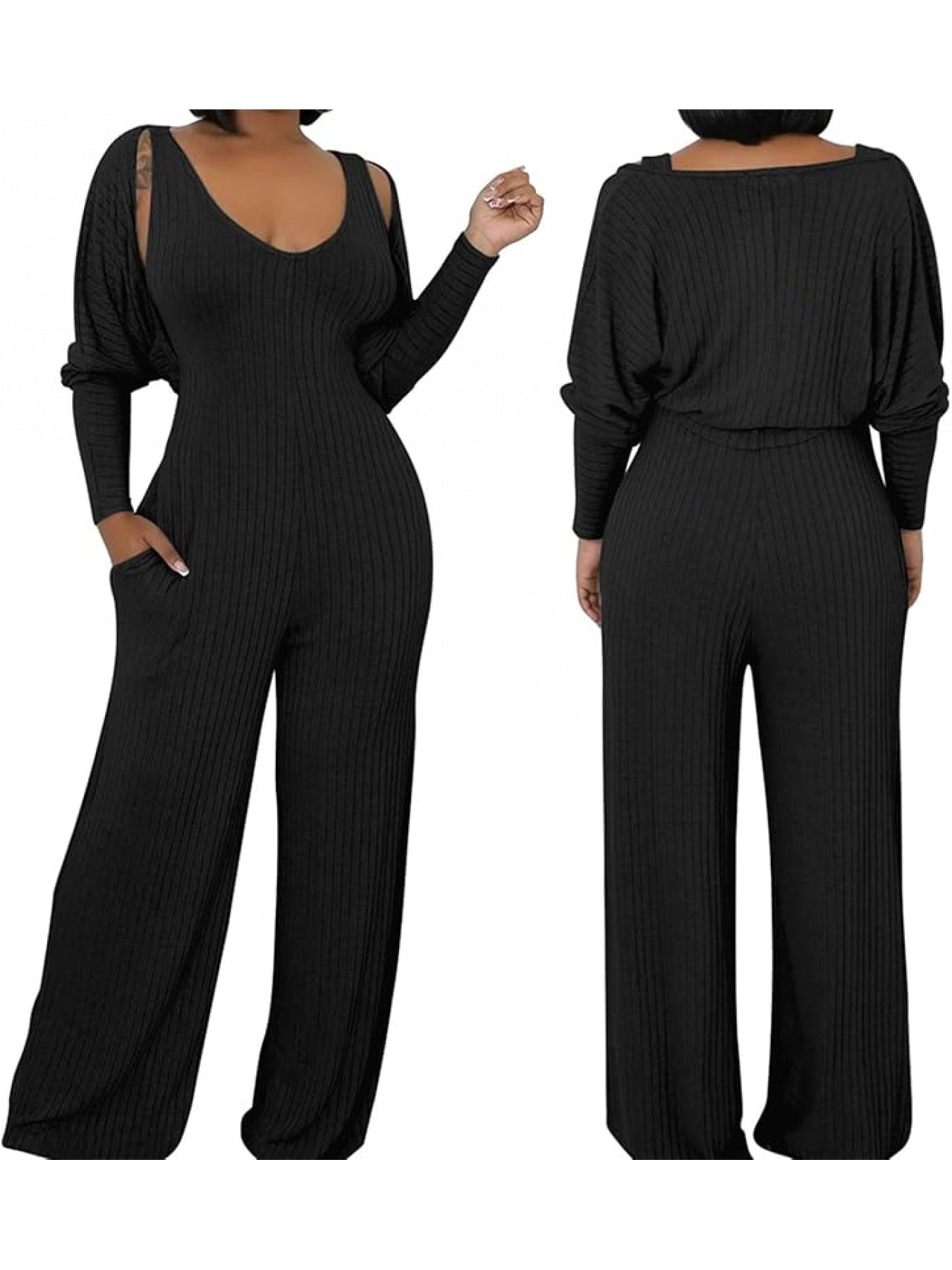 Ribbed Knitted Solid Color Batwing Sleeve Blazer + U-Neck Women's Sleeveless Jumpsuit 2-Piece Set