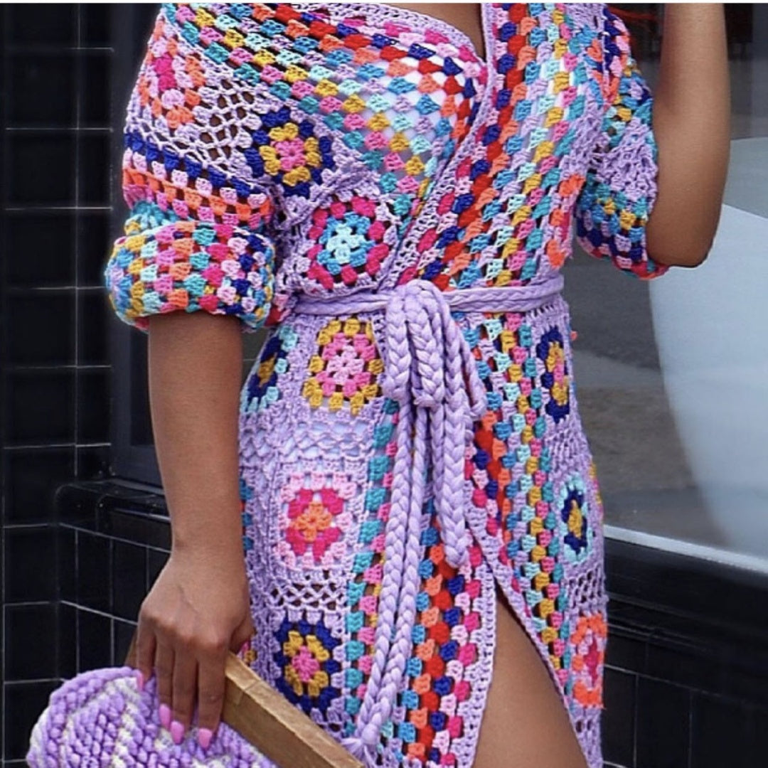 Handmade Crochet Multi-Pocketed Colorblock Striped African Irregular Tassel Fringe Cardigan Maxi Kafka Sweater Dress to 5X Plus Size