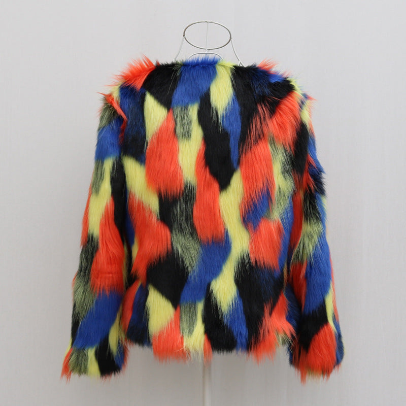 Faux Fox Fur Rainbow Colorblock Women's O-Neck Jacket to 8X Plus Size