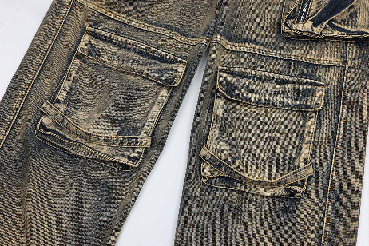 Men's Faded Washed Hip-Hop Multi-Pocketed Loose Wide Leg Cargo Jeans