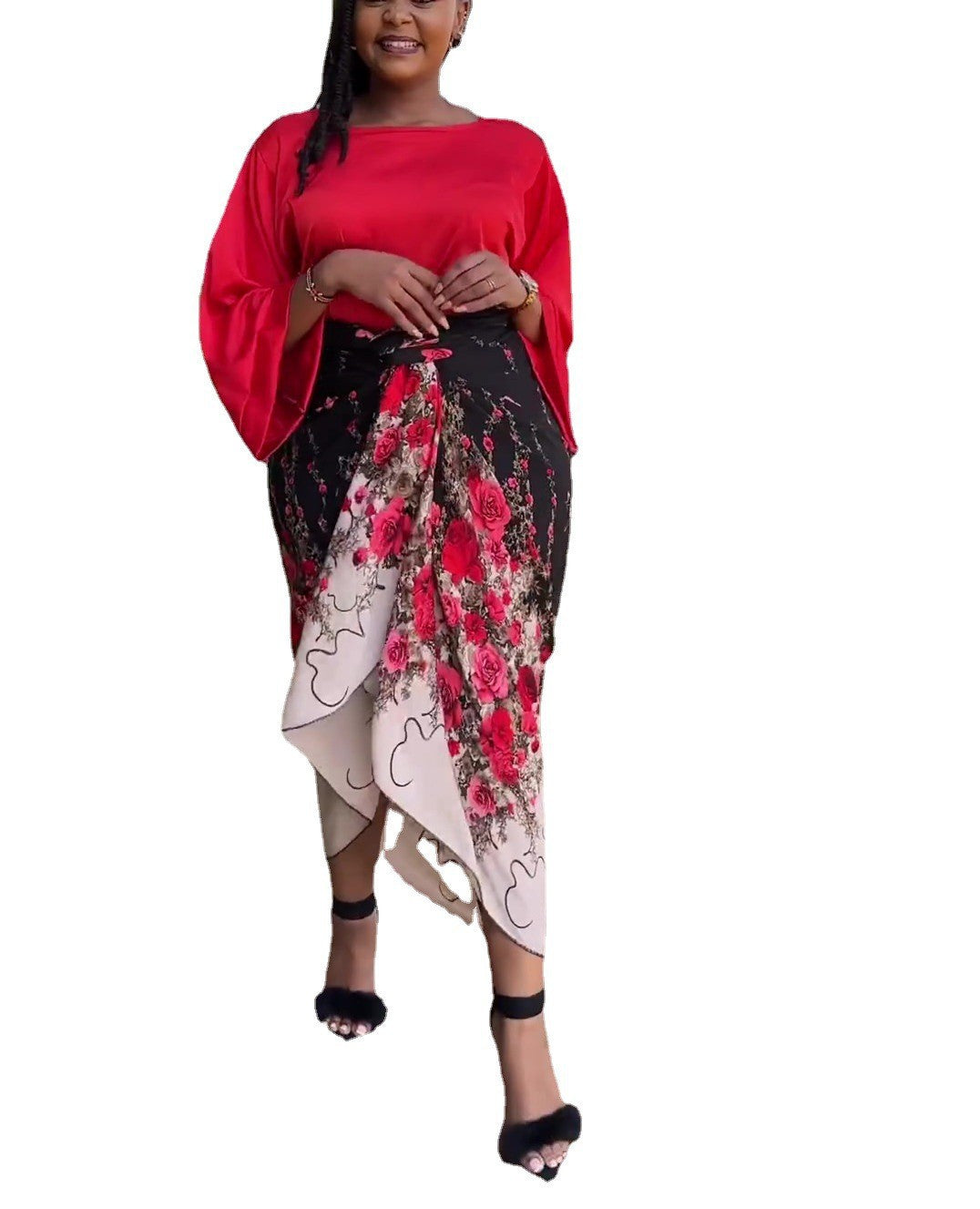 Satin 2-Tone Ruched Colorblock Floral Print Long Sleeve Maxi Dress to 3X Plus Size