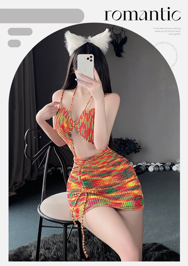 Crochet Knitted Geometric Rainbow Color Backless Hollow-Out Mini Sweater Dress