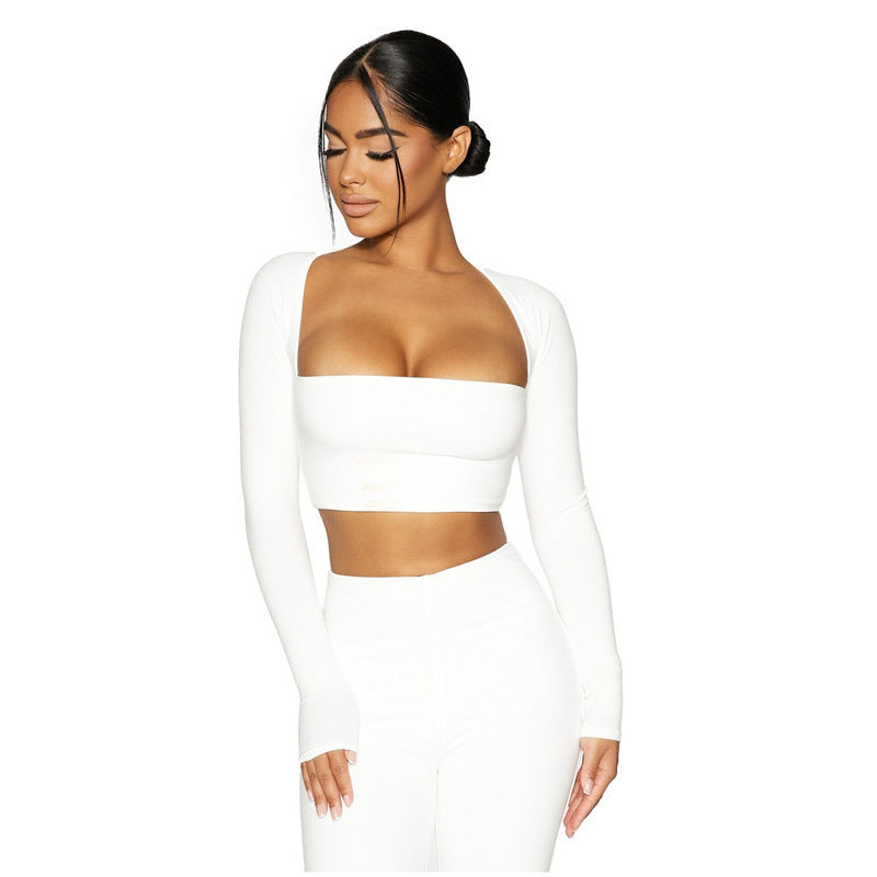 U-Neck Long Sleeve Solid Color Crop Top + Skinny Mini Skirt 2-Piece Set