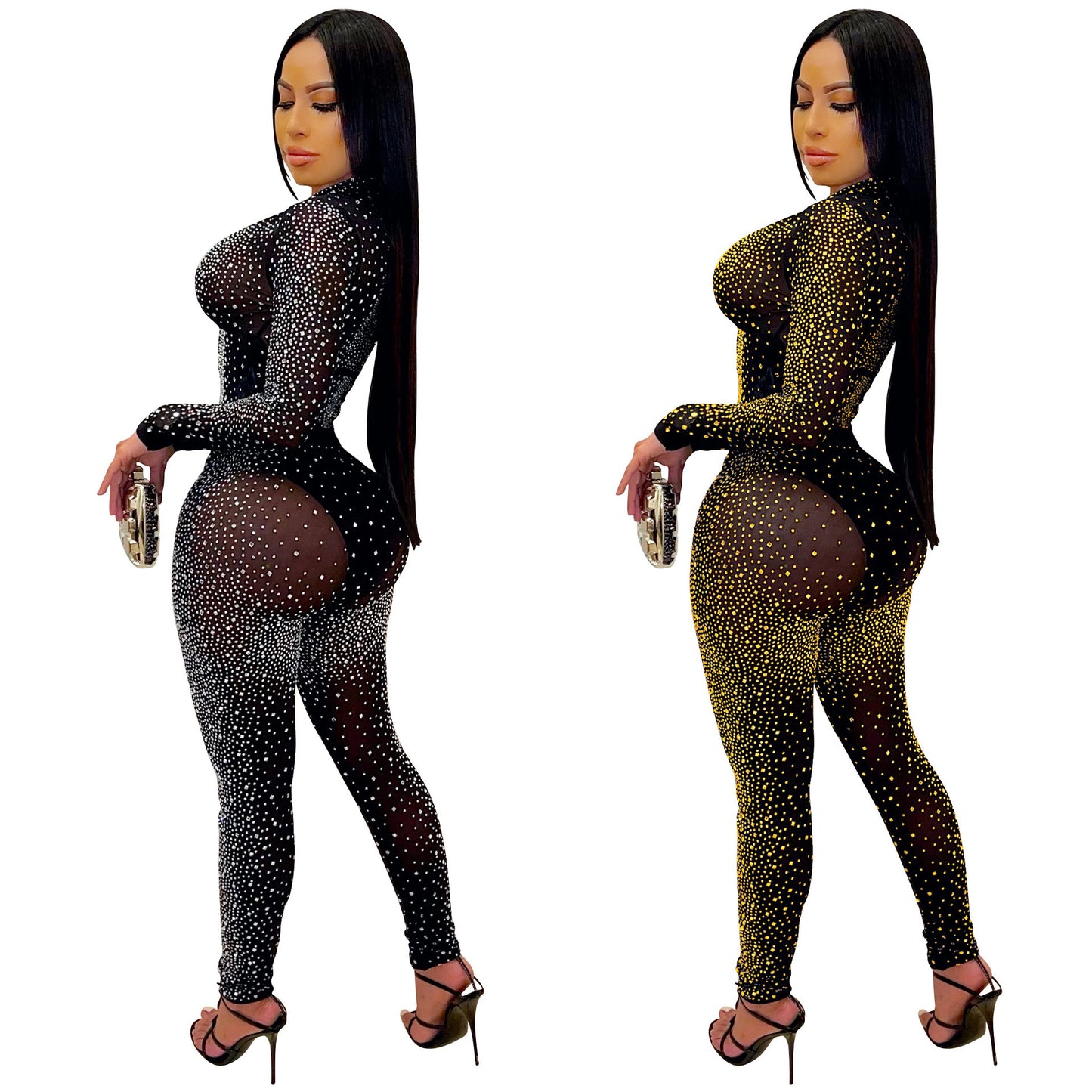 Geometric Hot Drill Sparkling Rhinestone Sheer Transparent Mesh Long Sleeve V-Neck Crop Top + Leggings 2-Piece Set