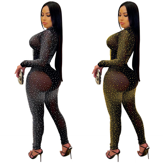 Geometric Hot Drill Sparkling Rhinestone Sheer Transparent Mesh Long Sleeve V-Neck Crop Top + Leggings 2-Piece Set