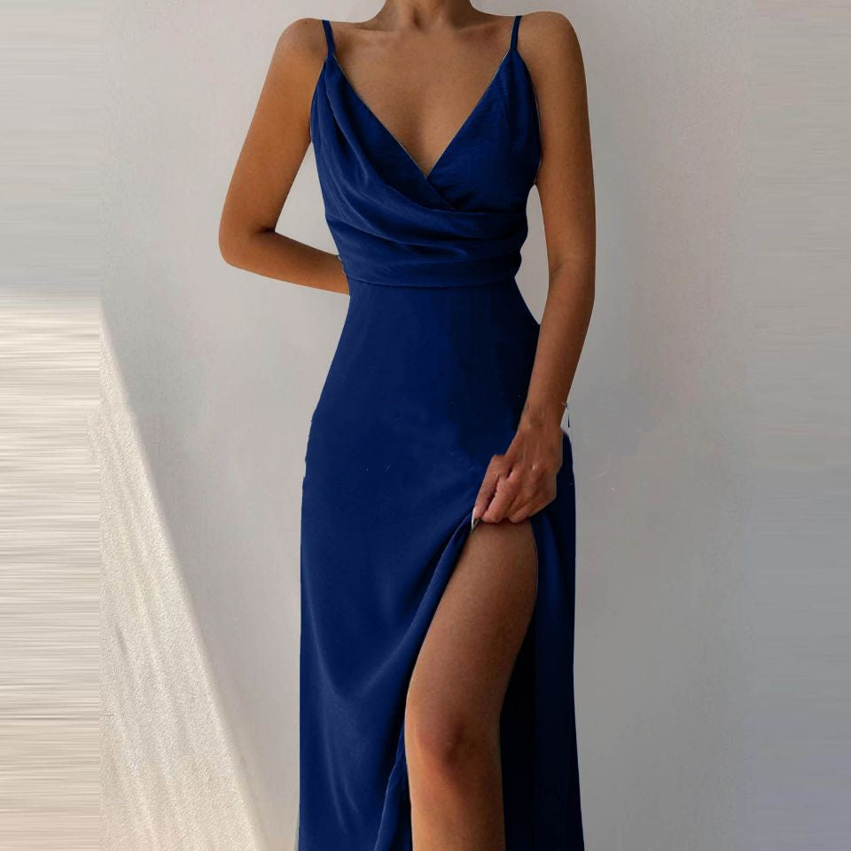 Sleeveless V-Neck Solid Color High Slit Sling Maxi Dress