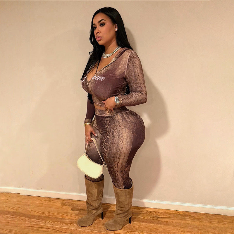 Womens Cardigan Top And High-Waisted Tight-Fit Printed Pants Set