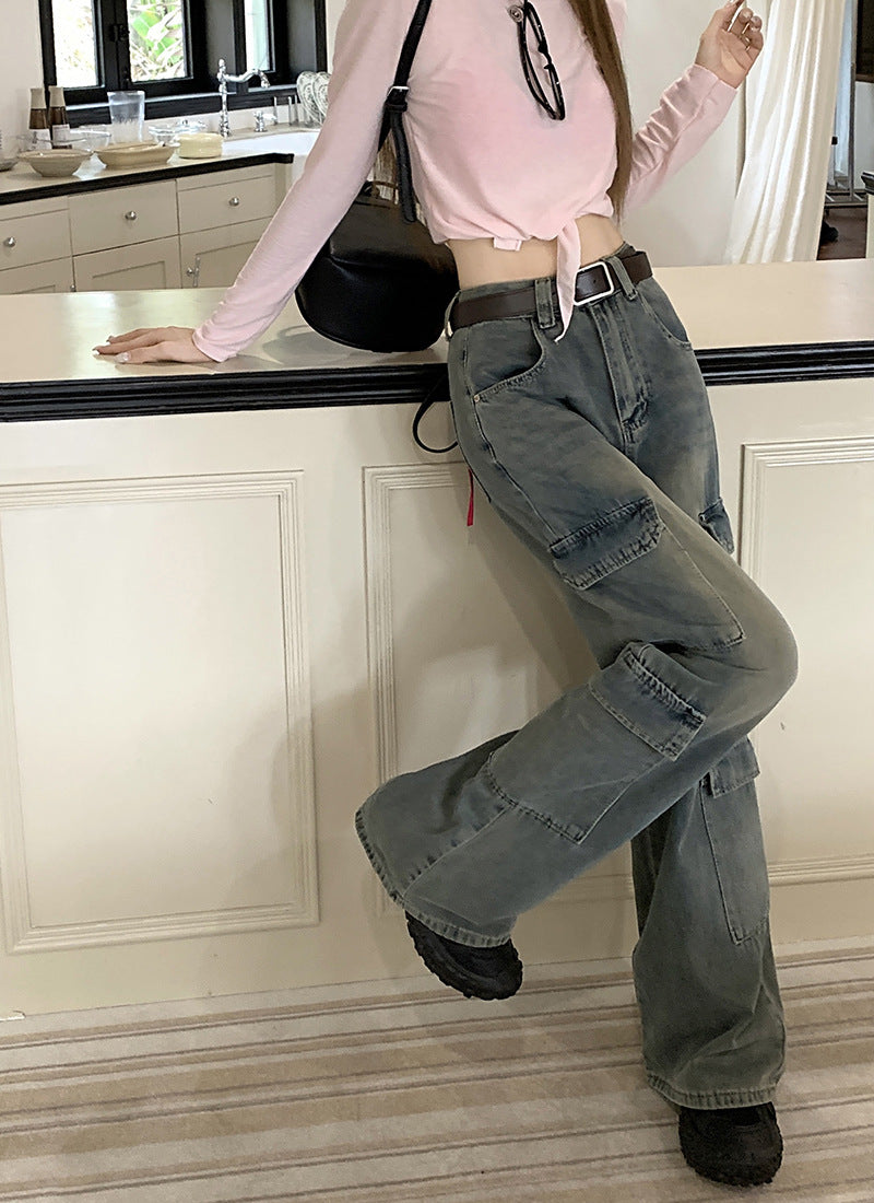 Denim Loose Multi-Pocketed Faded Gradient Washed Women's Retro Cargo Jeans