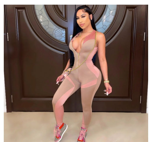 Fitness Sleeveless Deep V-Neck Colorblock Camisole Smocked Women's Skin Tight Yoga Workout Zipper Jumpsuit