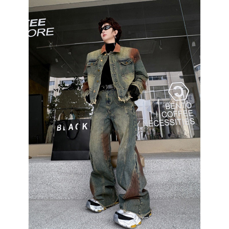 Men's Faded Denim Colorblock Jean Jacket + Wide Leg Loose Jeans Set
