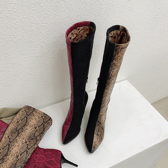 Snakeskin Colorblock Print Women's Stiletto Heel Pointed Toe Boots