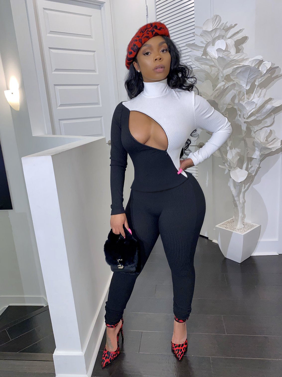 Colorblock Mock Neck Hollow-Out Long Sleeve Skinny Women's Jumpsuit