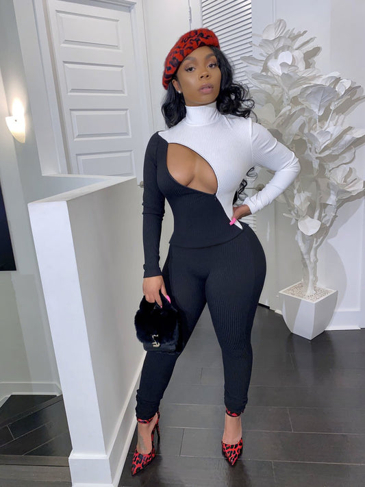 Colorblock Mock Neck Hollow-Out Long Sleeve Skinny Women's Jumpsuit
