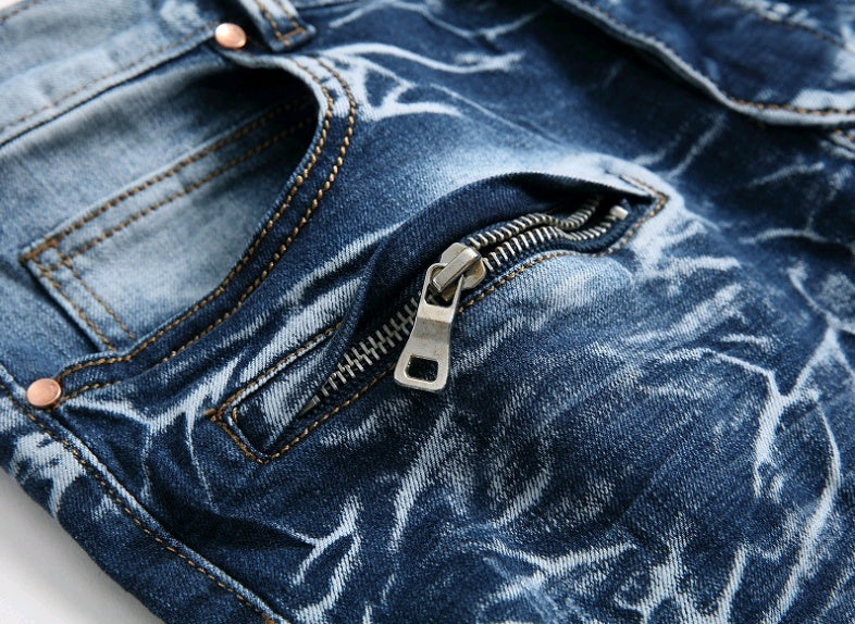 Men's Denim Gradient Washed Ribbed Ruched Ripped Zipper Pocket Skinny Jeans