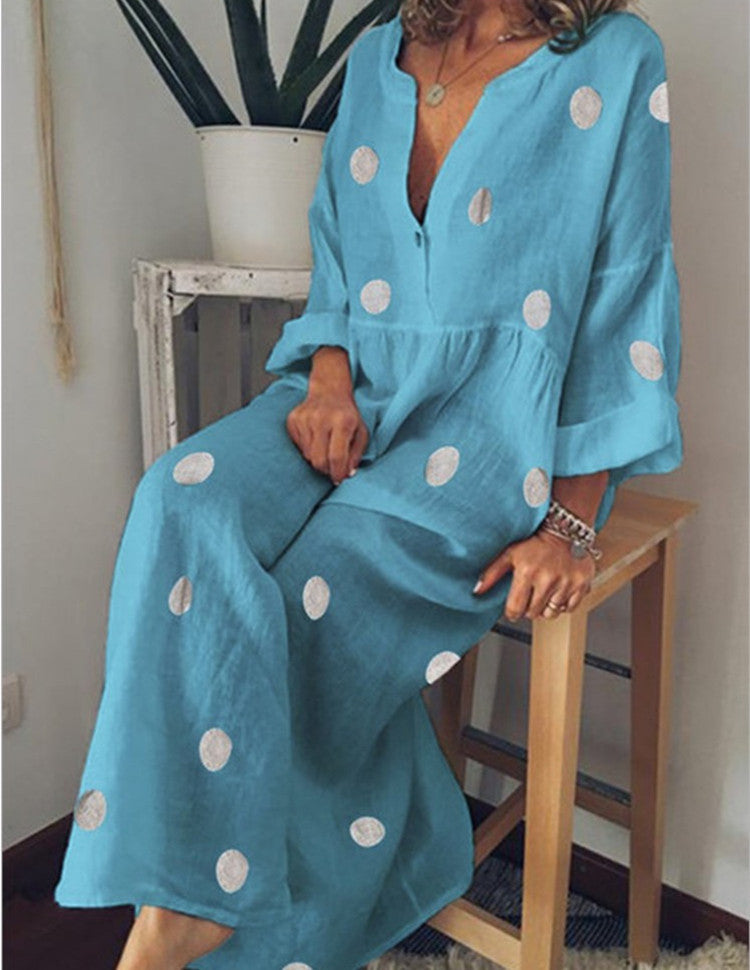 Polka Dot Print Women's Deep V-Neck Long Sleeve Jumpsuit to 5X Plus Size