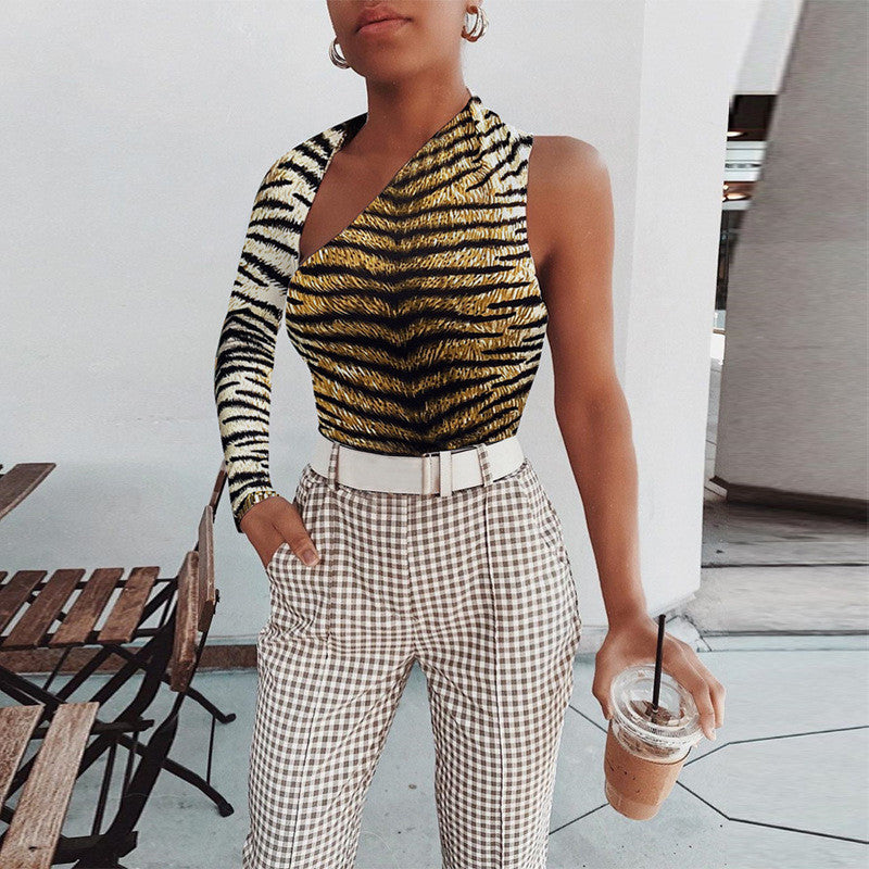 Zebra Print Gradient Colorblock Asymmetrical Hollow-Out One Shoulder Long Sleeve Women's Bodysuit