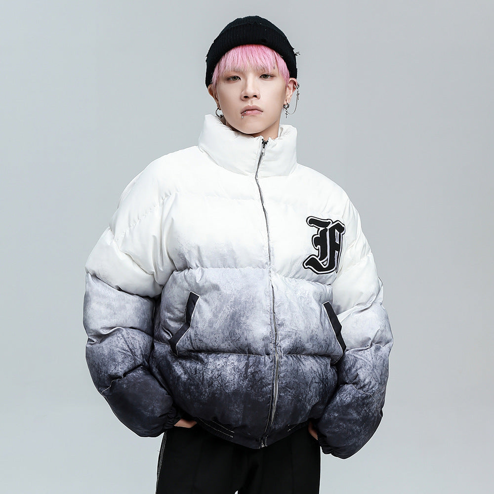 Men's Colorblock Letter Print Hip-Hop Padded Puffer Bomber Zipper Varsity Jacket