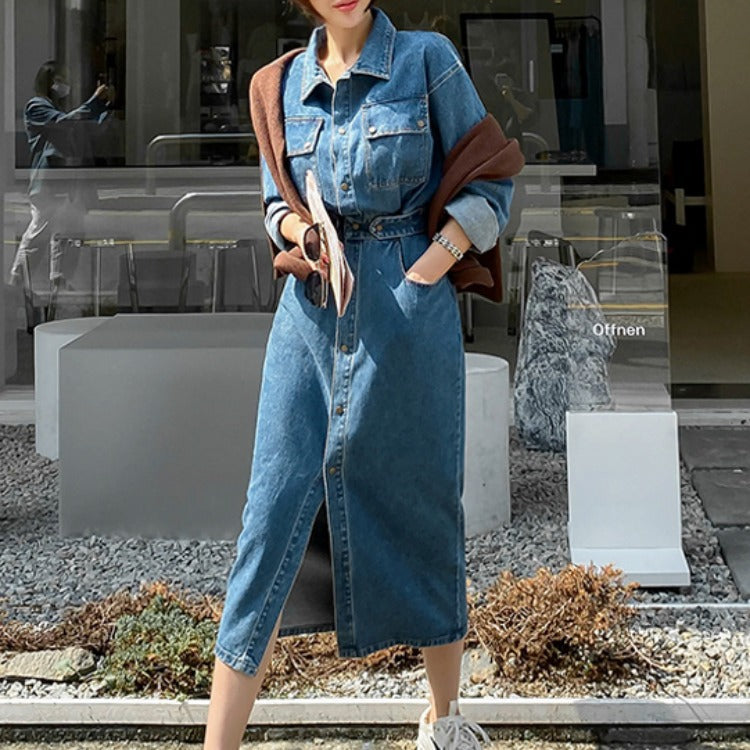 Denim Blue Double Pocket Design Turn-Down Collar Long Sleeve High Slit Maxi Jean Dress