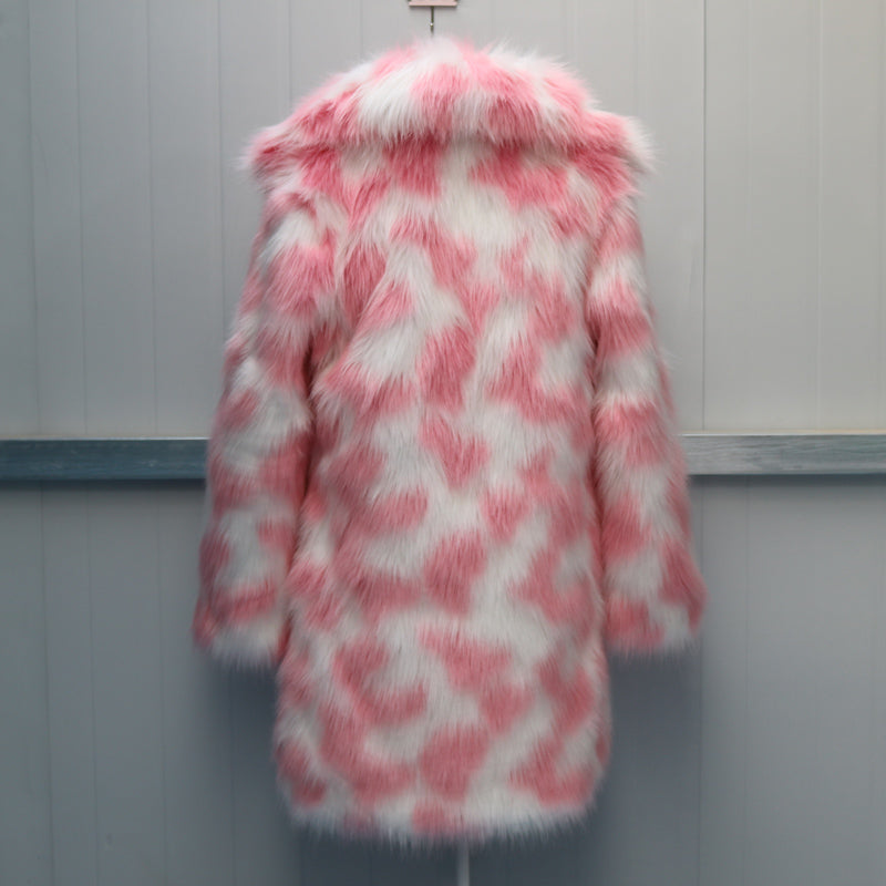 Tie-Dye Faux Fur Pink/Green Women's Turn-Down Collar Streetwear Coat to 6X Plus Size