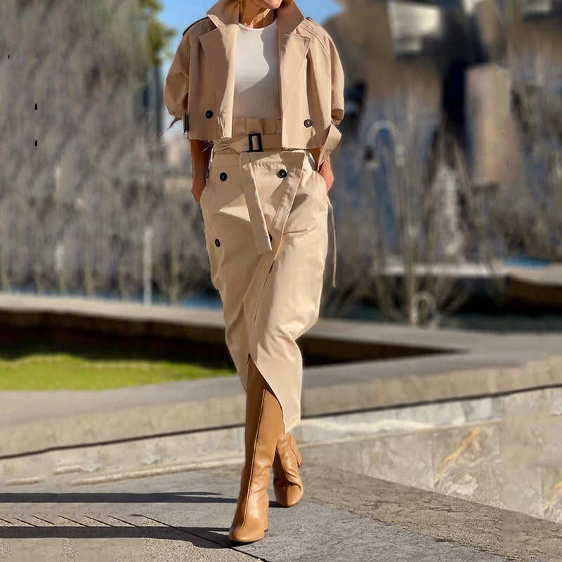 Irregular Short Sleeve Turn-Down Collar Safari Zipper Jacket + High Slit Wrapped Cargo Pocketed Skirt Women's 2-Piece Set