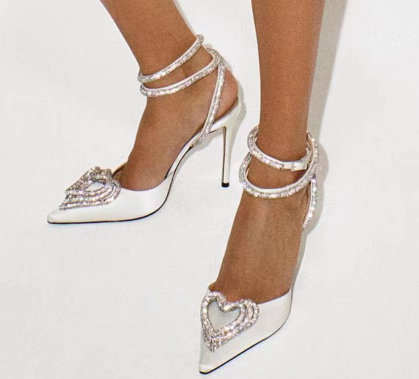 Metallic Rhinestone Heart Design Ankle Strap Stiletto Heel Sandal Pumps