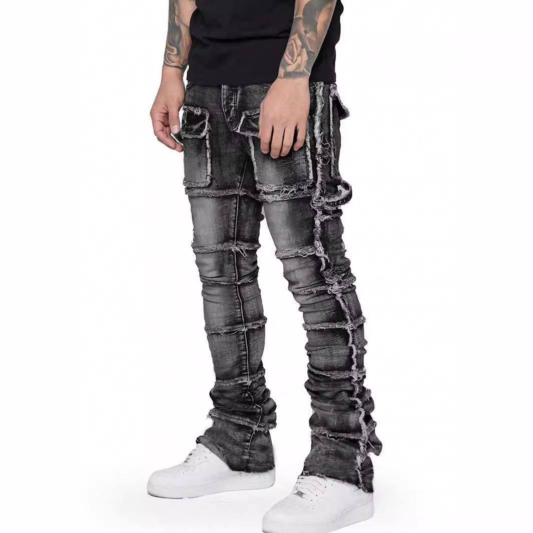 Men's Faded Denim Hip-Hop Tiered Ripped Fringe  Multi-Pocketed Skinny Cargo Jeans