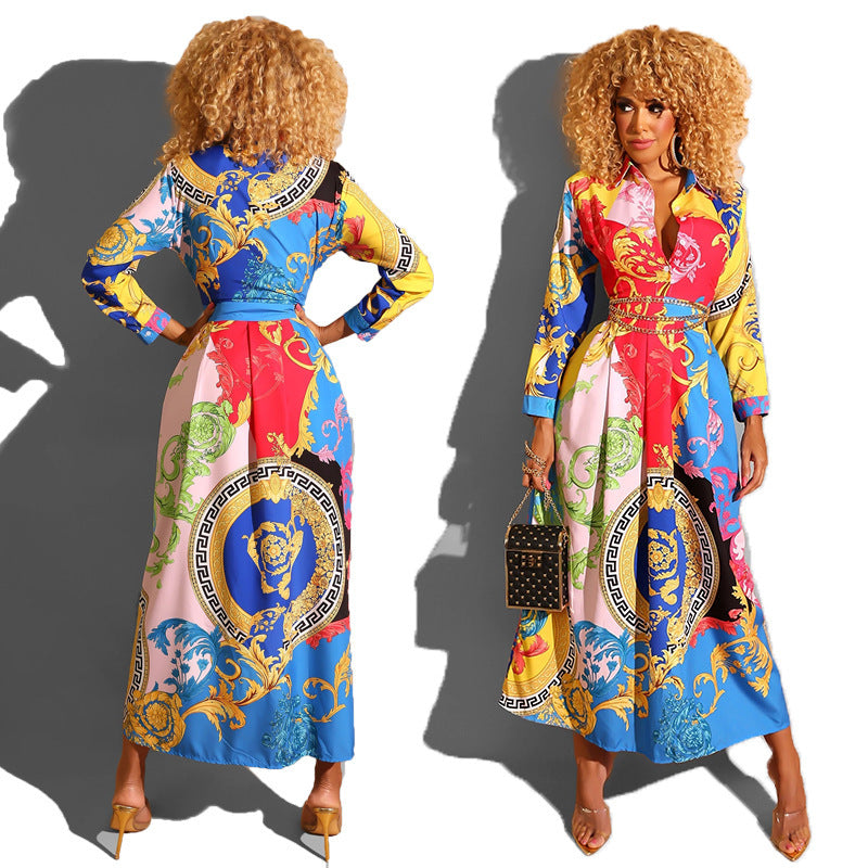 Designer Baroque Medallion Floral Print Turn-Down Collar Long Sleeve Shirt Dress