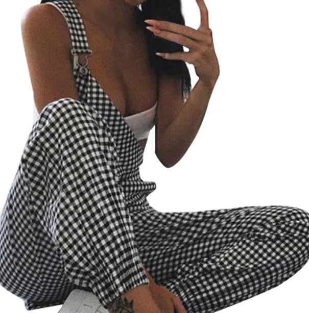 Plaid Black/White Women's Sleeveless Skinny Suspender Strap Overall Jumpsuit