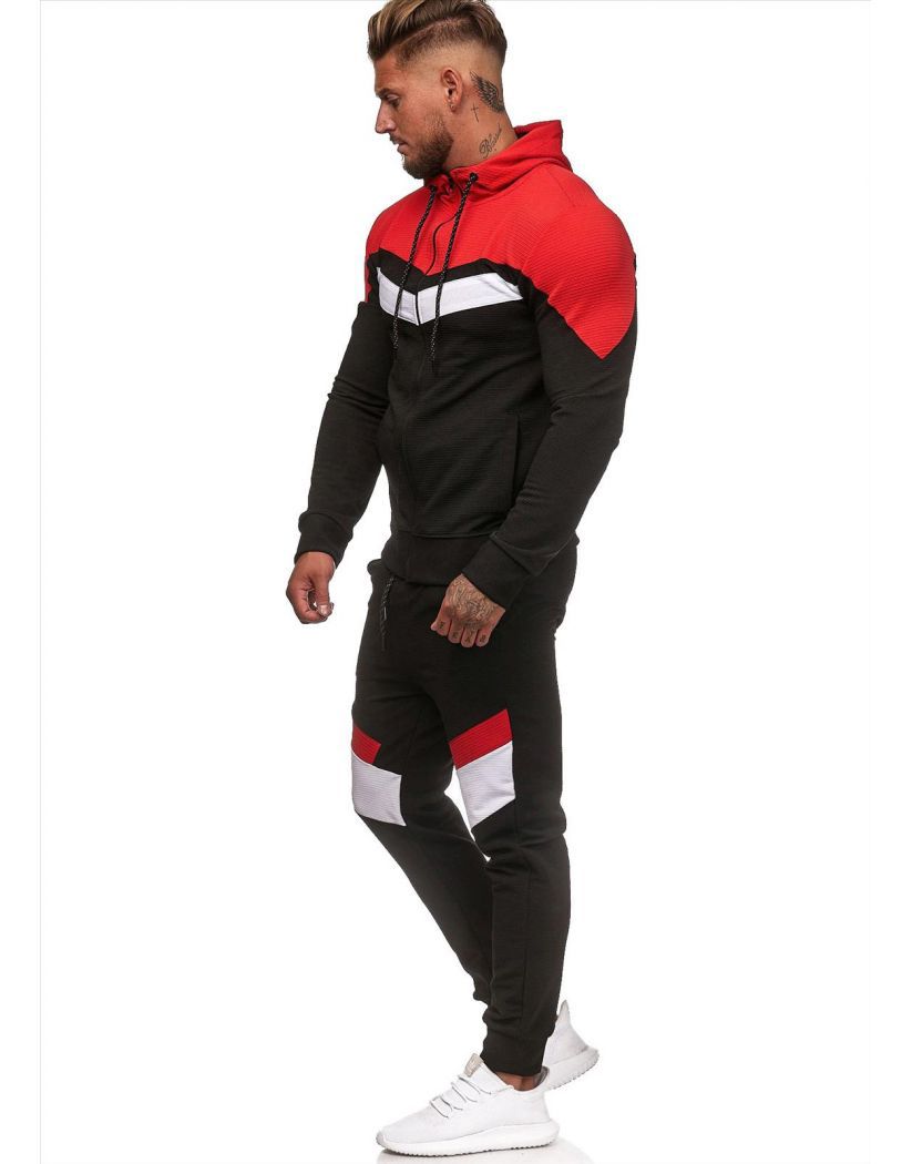 Men's Striped Colorblock Red/Black/White Hip-Hop Zipper Hoodie Jacket + Jogger Sweatpants Tracksuit