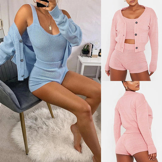 Fuzzy Women's Button-Up Solid Color Cardigan Sweater + Ribbed Crop Tank Top + Mini Shorts 3-Piece Set
