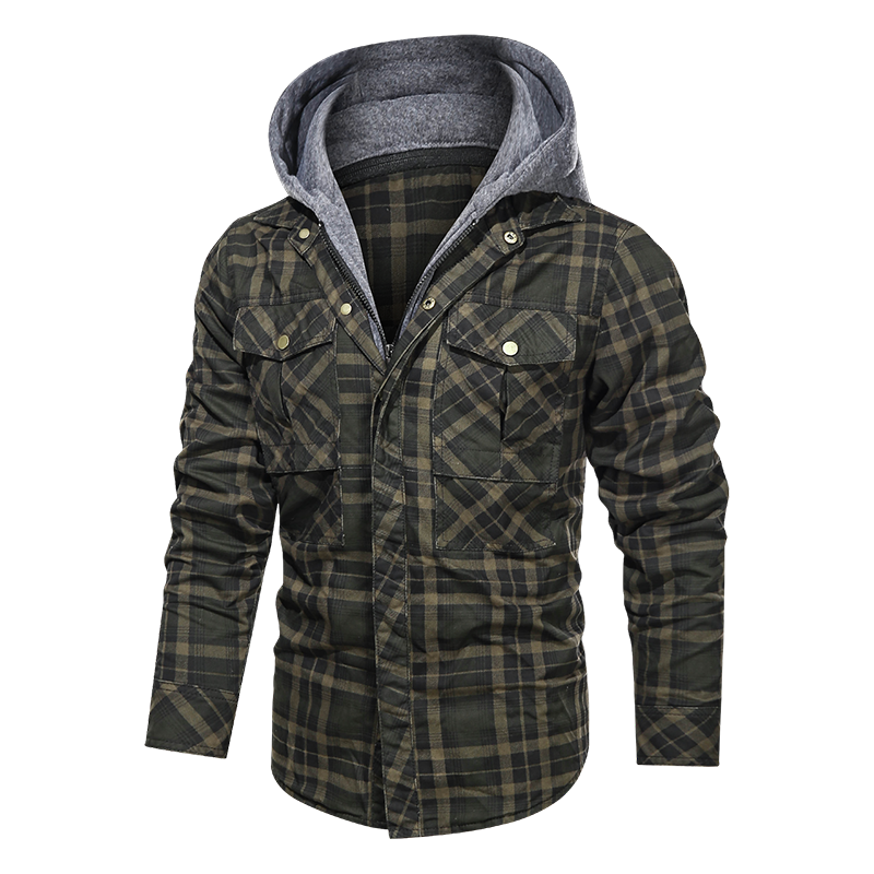 Layered Plaid Men's Fleece Detachable Slim Fit Hoodie Jacket