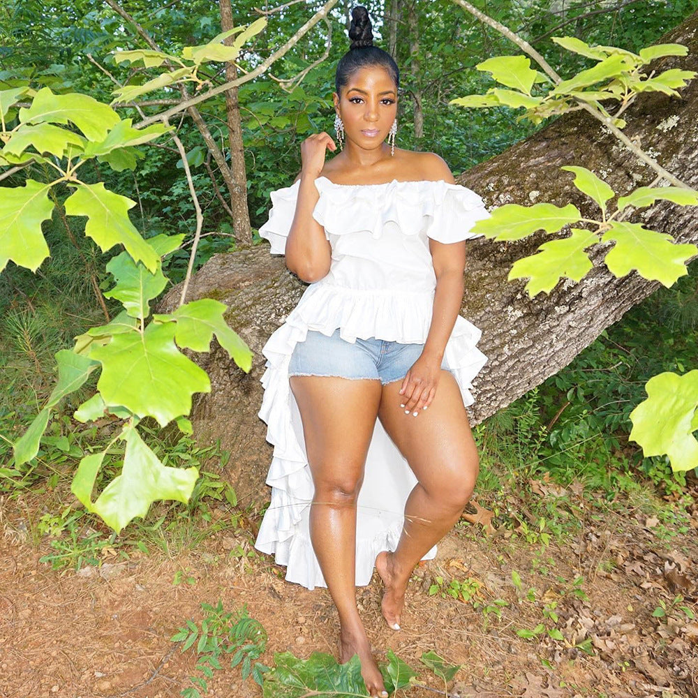 Ruffled Women's Off-the-Shoulder Solid Color Swallowtail Maxi Blouse