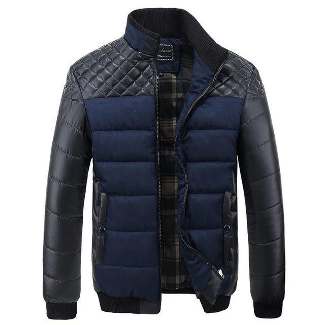 Men's Ribbed PU Leather Grid Patchwork Design Zipper Jacket
