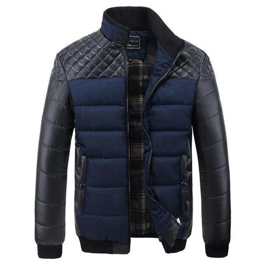 Men's Ribbed PU Leather Grid Patchwork Design Zipper Jacket
