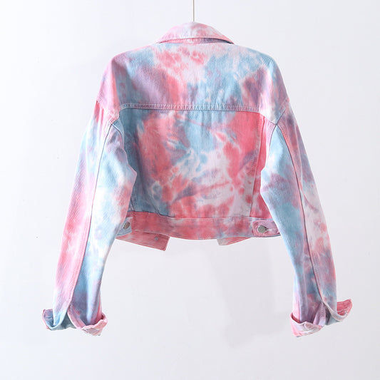 Tie-Dye Pink/Baby Blue Denim Short Women's Crop Jean Jacket