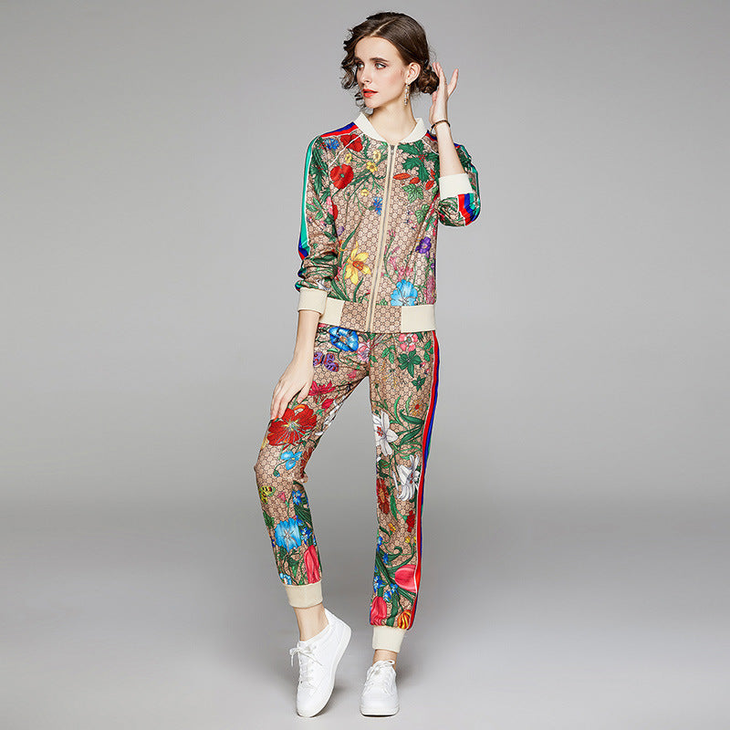 Designer Floral Monogram Side Striped Print O-Neck Zipper Bomber Jackets + Sweatpants Women's Tracksuit