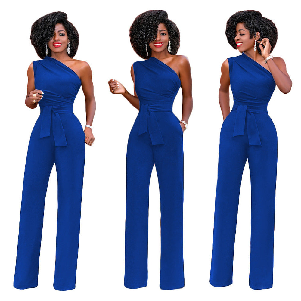 Asymmetrical One Shoulder Solid Color Sash Belted Women's Party Jumpsuit
