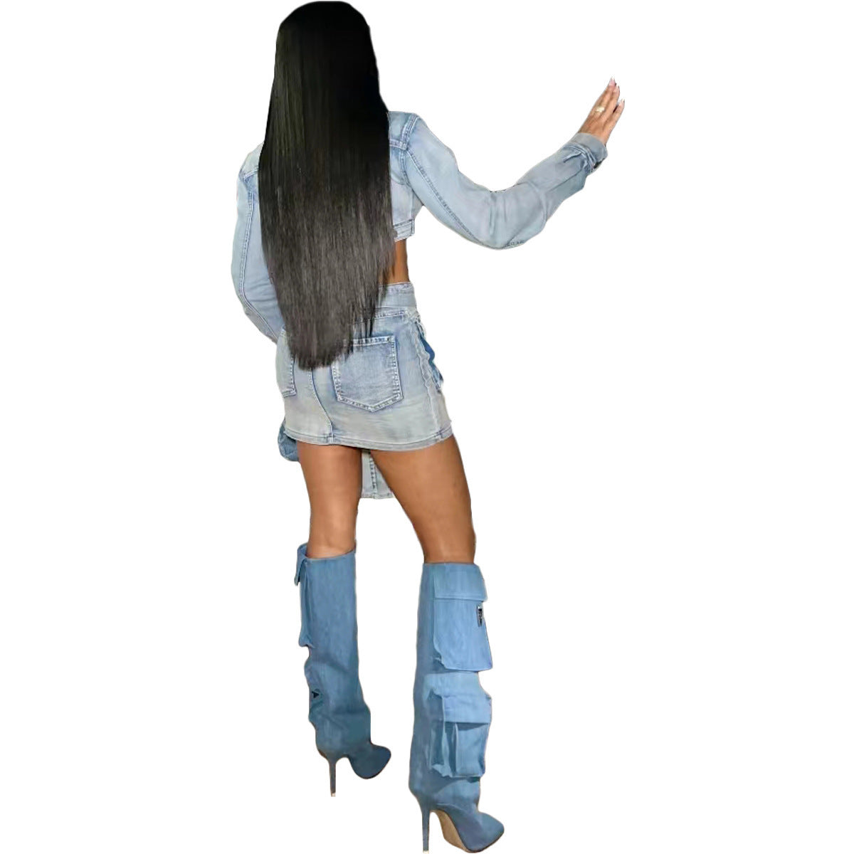 Faded Washed Light Blue Denim Crop Jean Jacket + Cargo Pocketed Mini Jean Skirt Women's 2-Piece Set