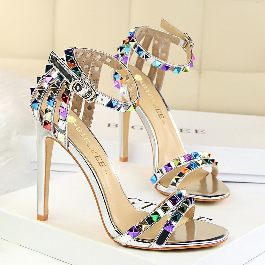Open Toe Cut-Out Rainbow Tassel Fringe Buckle Strap Stiletto Heel Sandal Pumps